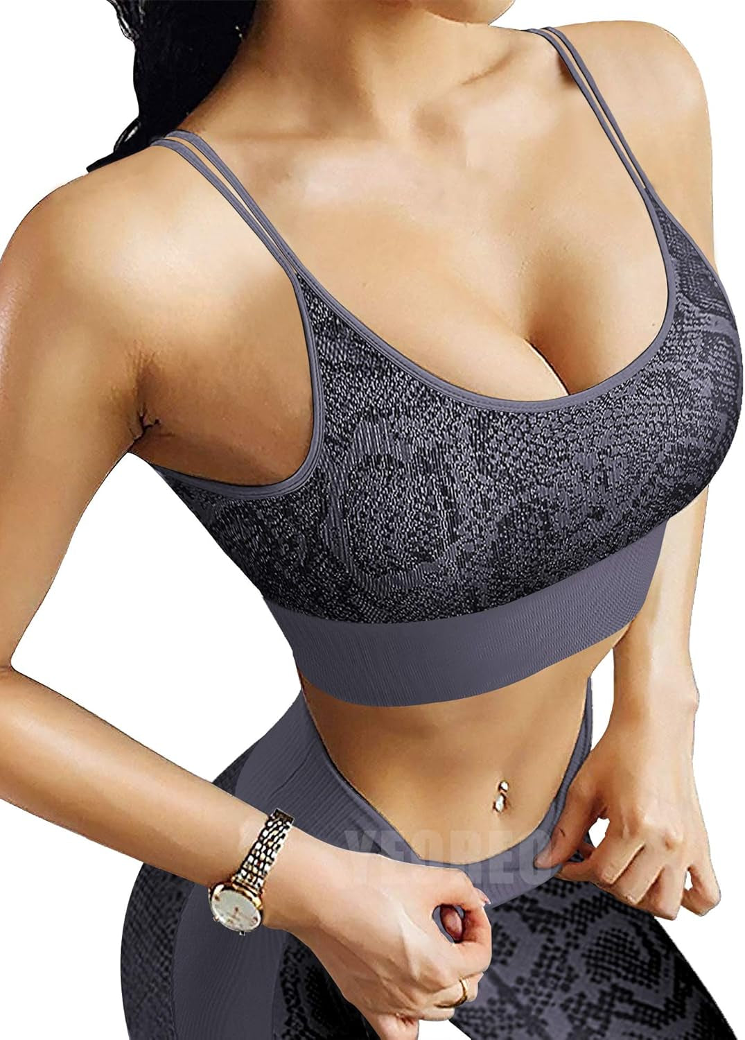 Yoga Outfit for Women Seamless 2 Piece Workout Gym High Waist Snake Print Leggings with Sport Bra Set Grey L