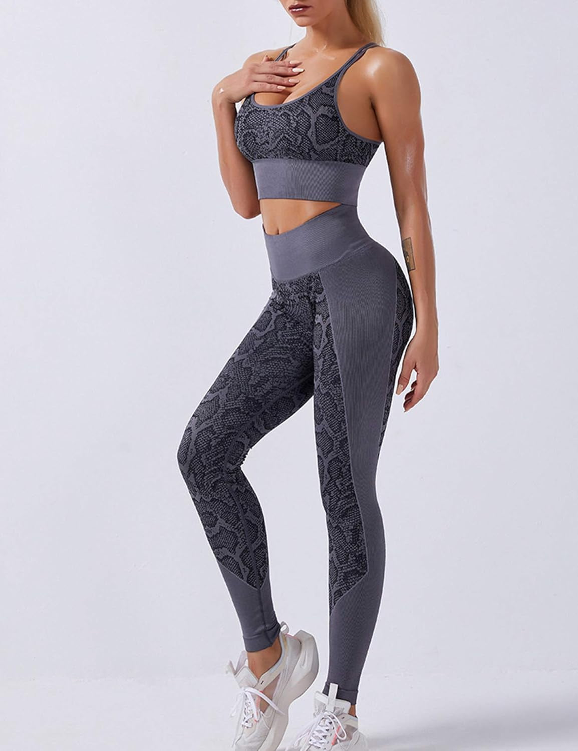 Yoga Outfit for Women Seamless 2 Piece Workout Gym High Waist Snake Print Leggings with Sport Bra Set Grey L