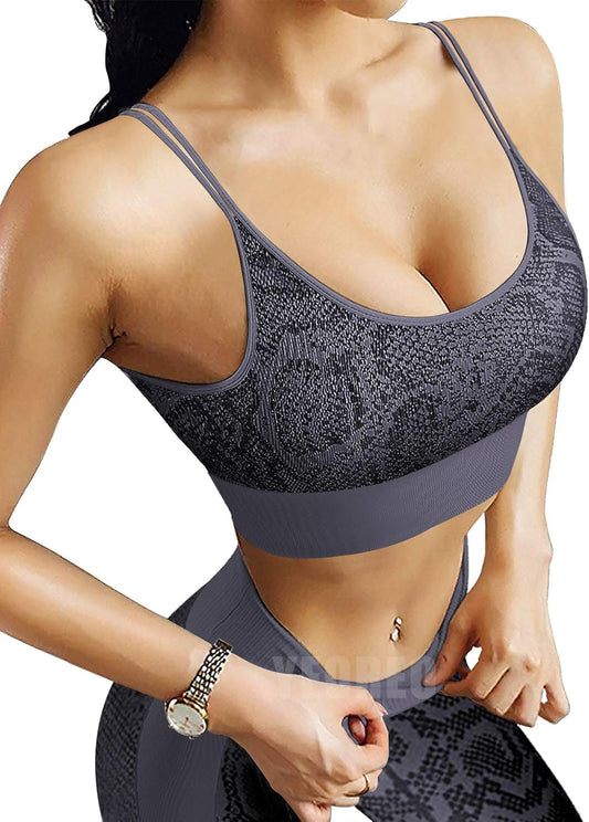 Yoga Outfit for Women Seamless 2 Piece Workout Gym High Waist Snake Print Leggings with Sport Bra Set Grey L